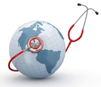 A red stethoscope is wrapped around a miniature globe